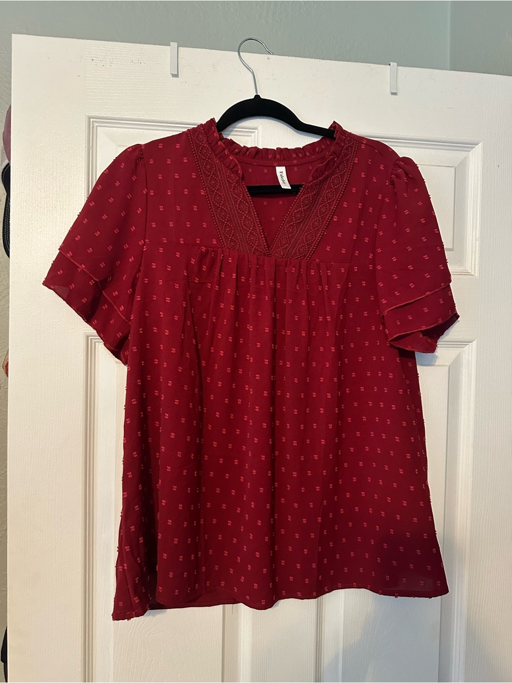 Womens Red V-Neck Short Sleeve Blouse